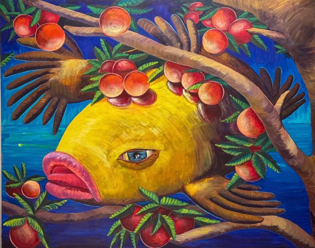 Yellow fish with human hands among pomegranate branches on ultramarine water